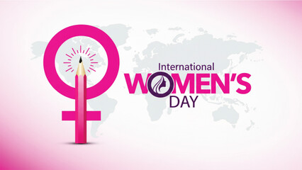 A vibrant illustration celebrating international womens day featuring a large pink venus symbol integrated with a pencil against a subtle world map background. © SWEET