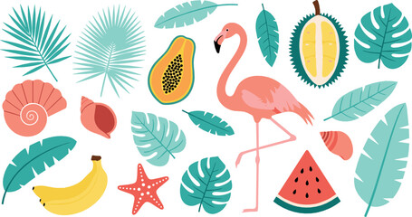Tropical summer illustration set with flamingo exotic fruits palm leaves banana watermelon and sea elements in colorful flat style for vacation and beach designs © MdNazmul