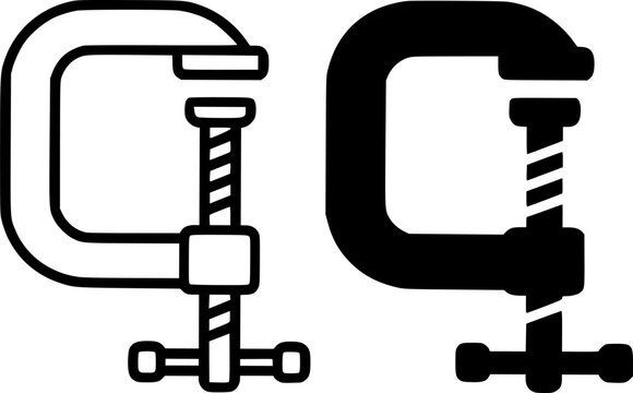 Industrial icon, vector illustration of clamp, black and white in outline and silhouette design style