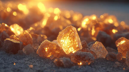 Golden crystal rocks scattered on sandy ground with sunlight shining through, creating sparkling reflections and warm glowing bokeh highlights in a natural outdoor setting