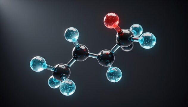 Acetone Molecule Visualization: A detailed 3D representation of an acetone molecule, showcasing its structure with atoms and bonds. Emphasizing the science of organic chemistry.