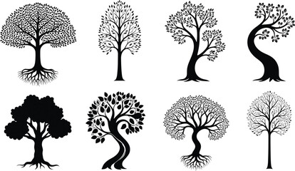 Minimalist black tree silhouettes collection, diverse stylized trunks and branches, modern vector nature illustrations for design, decoration, cataloging, and symbolic representation © Sagor Creatives
