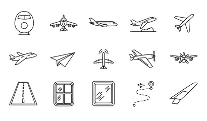 Airplane line icons collection with editable stroke for travel and editorial use © Shakib