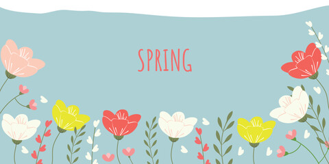 Spring banner. Flowers on blue background for web design. Vector illustration