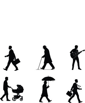 Silhouette of people walking in various poses and activities