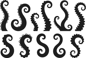 Black octopus tentacle silhouettes set isolated on white background, curled sea monster arms collection, marine underwater cephalopod vector illustration design elements pack. © Mst Jotsna