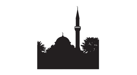 Mosque silhouette with minaret and dome against trees in black © Shahina