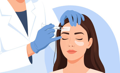 Medical professional administers cosmetic injection to a woman's forehead