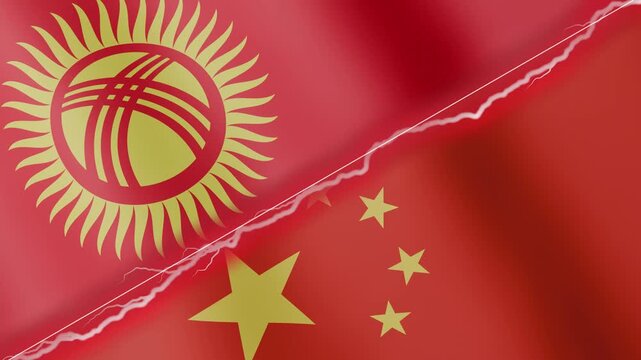 Two waving flags Kyrgyzstan and China with diagonal lightning seamless, 4k loop