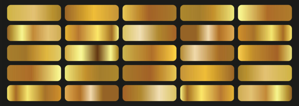 Gold gradient color metallic set collection. Set gold gradient Chrome color foil texture background. Rose gold, golden, silver, bronze gradient, pattern, template. 