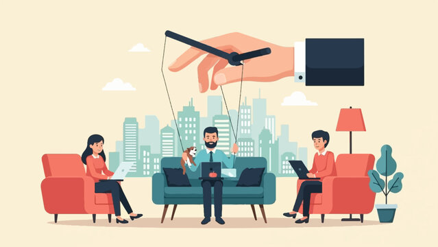 Figures are puppets controlled by a hand from above, seated indoors