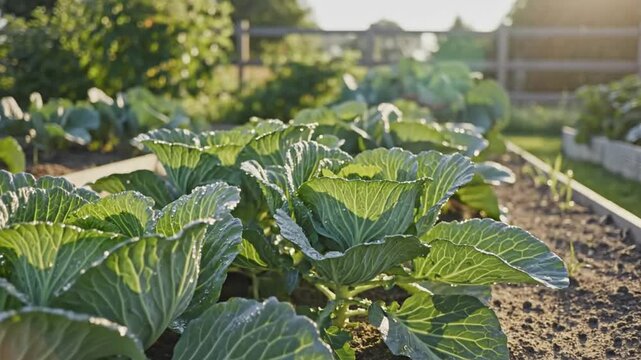 Morning light illuminates rows of vibrant green cabbage plants growing in an organic vegetable garden bed