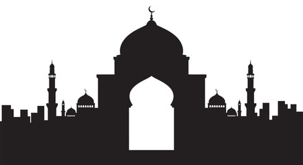 Islamic mosque silhouette with domes and minarets on white background © Shahina
