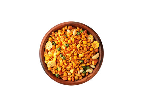 Indian Namkeen Snack Mixture in Wooden Bowl Isolated on Transparent Background