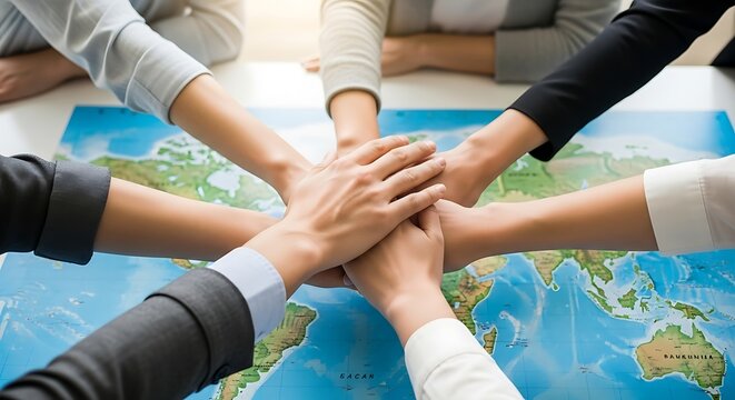 Diverse hands unite on a world map, symbolizing global collaboration, international partnership, and collective teamwork towards shared objectives for a connected world