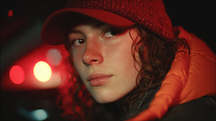 Young woman with curly hair wearing knit hat and puffy jacket looking thoughtfully out of car window with red and orange blurred lights in the background at night time