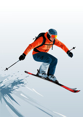 066-30-Skier performing a jump while skiing downhill, splashing snow © Lev