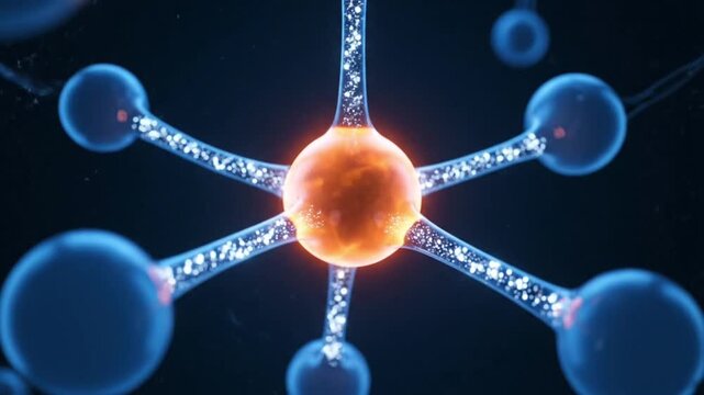 Vibrant atomic structure with glowing orange nucleus and blue electrons