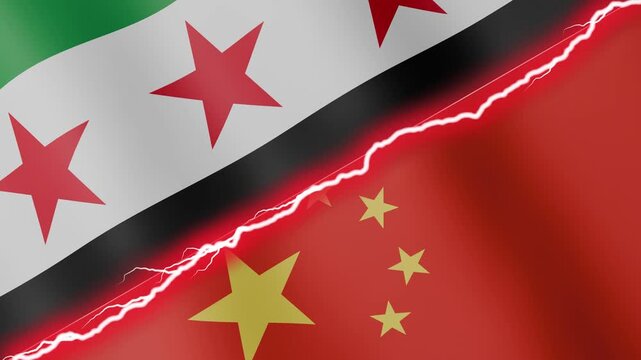 Two waving flags Syria and China with diagonal lightning seamless, 4k loop