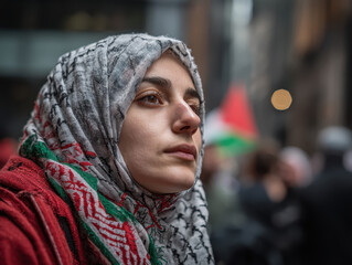 Young woman wearing patterned headscarf and red sweater with focused expression standing outdoors in urban setting with blurred people and flag in background daylight.