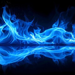 Fototapeta premium Intense blue flames dance, reflecting on a dark surface