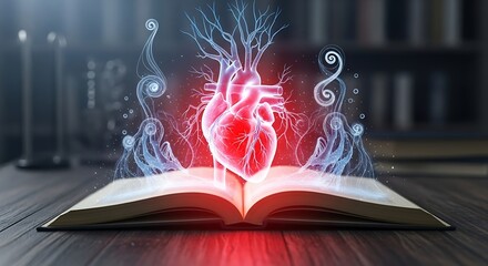 Mystical Revelation A Luminous, Branching Heart Ascends from an Open Book, Symbolizing Profound Medical Knowledge and the Secrets of Life