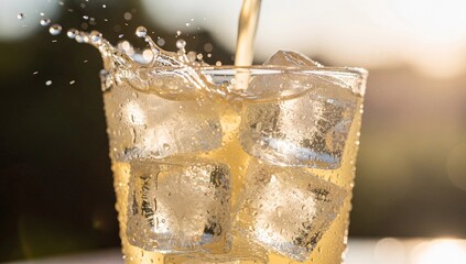 Lemonade Pouring into Glass with Ice
