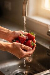 Hands Washing Fresh Berries in Sunlight