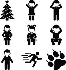 Minimal black and white vector icon set showing kids activities, human poses, running figure, sitting children, Christmas tree and animal paw print. Ideal for UI, signage, apps and infographics.
