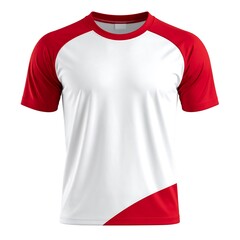 A sporty crew-neck t-shirt. The shirt has white main panel with red sleeves, collar, and an angled red design at the bottom