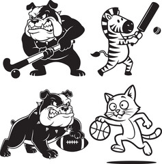Vector cartoon animal sports mascots: bulldog playing hockey, zebra playing cricket, bulldog with football, cat playing basketball, isolated on white
