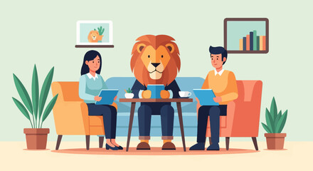 Meeting with a lion in a suit and two colleagues