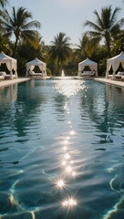 Obraz premium A tranquil pool scene with sparkling water and white cabanas, perfect for a summer vacation ad or travel brochure.