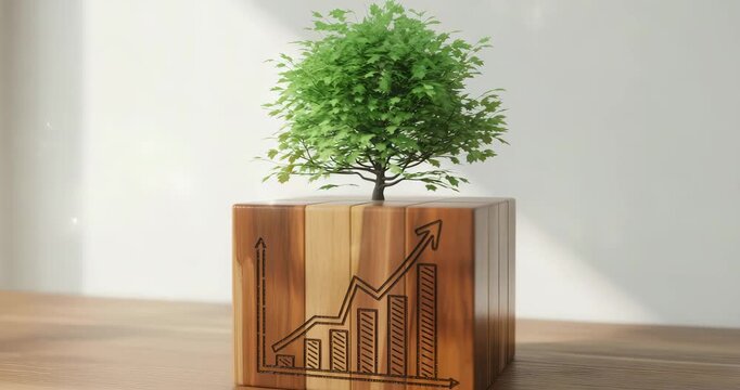 Sustainable business growth concept with tree on wooden block