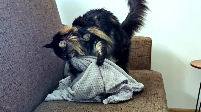 Fluffy long-haired cat kneading a soft blanket on a cozy sofa, capturing warmth, comfort, and playful charm