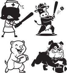 Vector black and white cartoon characters playing sports: nurse with baseball bat, cow playing baseball, gopher with football, bulldog with football, isolated on white