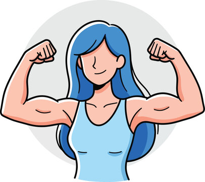 Muscular woman with long blue hair flexing her biceps in a fitness pose illustration.
