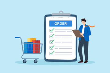 Flat illustration of businessman preparing order completion checklist beside shopping cart for fulfillment workflow planning © VZ_Art