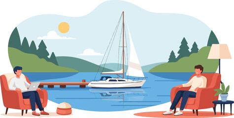 Men relaxing at home near water with boat