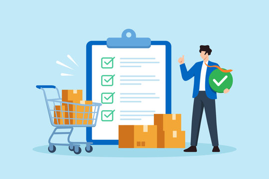 Flat illustration of businessman confirming order readiness using completed checklist beside shopping cart for fulfillment decision making
