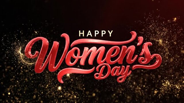 Happy Women's Day 3D glossy red text on black