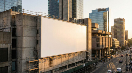 Blank billboard on urban building facade with city skyline and traffic in background
