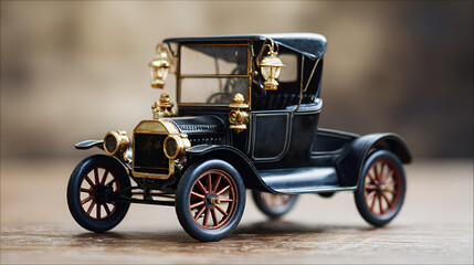 A detailed model of a vintage black and gold car on a wooden surface