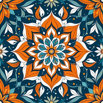 Intricate floral illustration, symmetrical pattern with vibrant orange and teal colors on dark blue