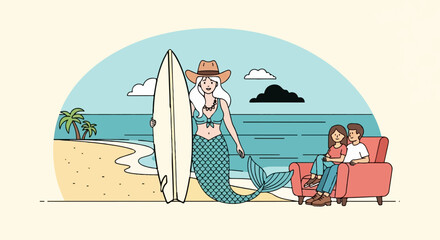 Mermaid with surfboard on beach with couple on sofa