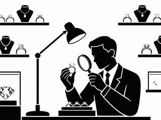 Jeweler Examining Diamond with Magnifying Glass in Office Illustration