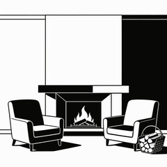 Illustration of Cozy Fireplace Scene with Chairs and Firewood in a Modern Living Room
