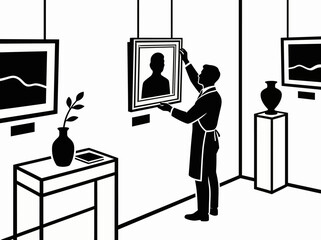 Man hanging silhouette art in modern gallery interior illustration