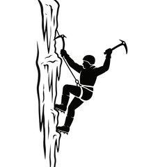 Man Climbs Cliff with Ice Axe in Mountainous Terrain Illustration