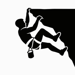 Rock climber ascending a steep cliff face with equipment and harness, viewed from the side in a bold black silhouette